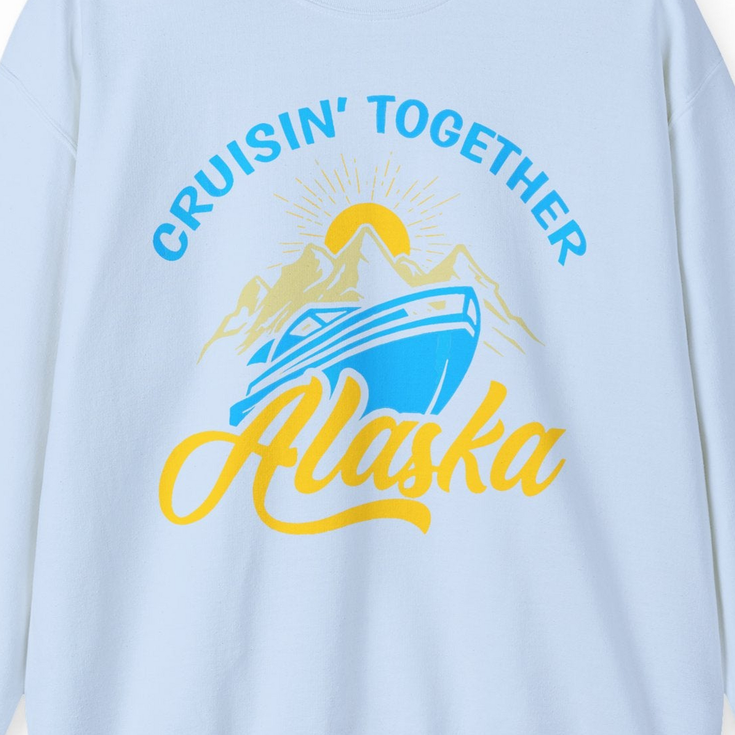 Alaska Cruise Adventure Mountains Sunrise Retro Shirt for Travelers — Sweatshirt Sweatshirt – Light Blue – Alaska Cruise Shirts Close Up