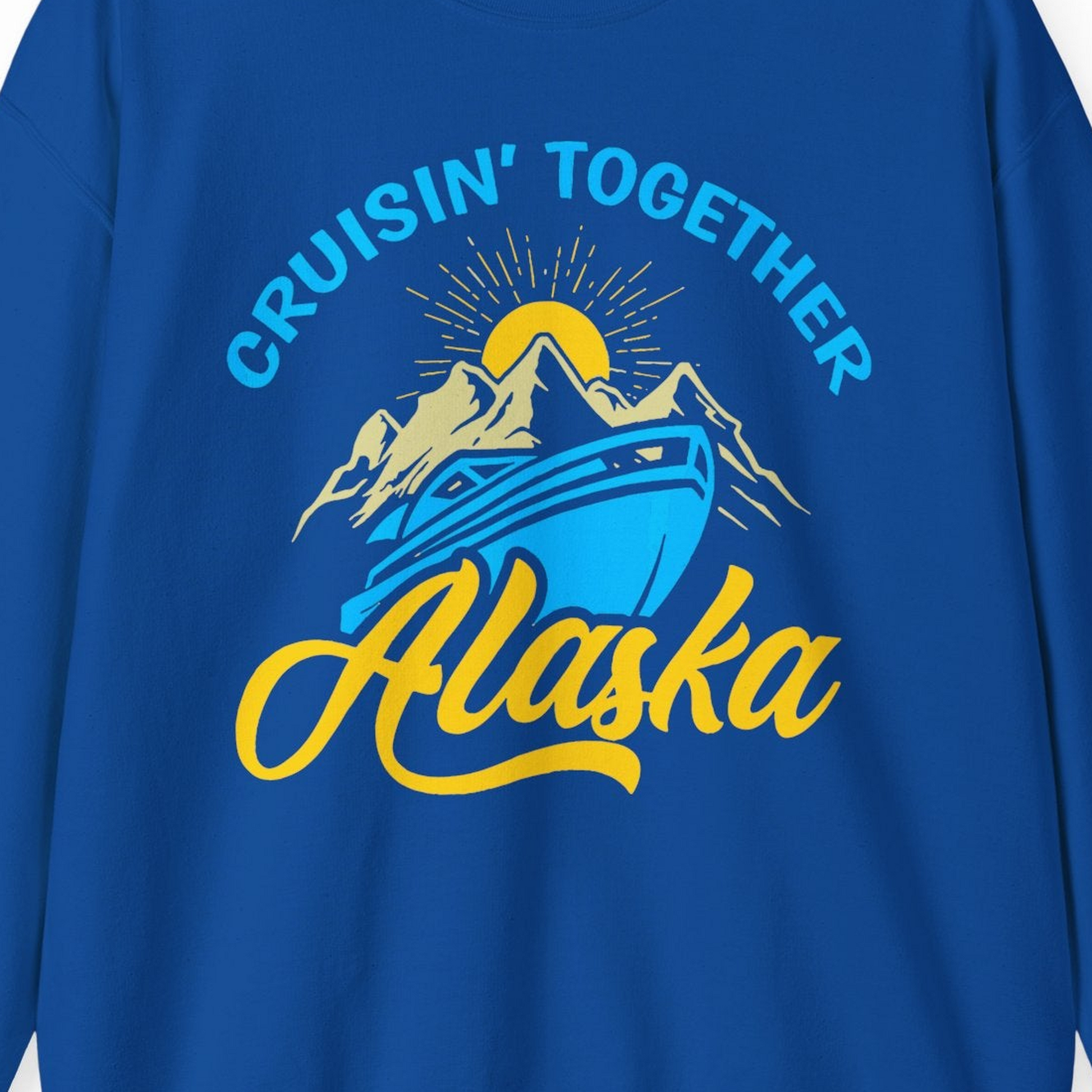 Alaska Cruise Adventure Mountains Sunrise Retro Shirt for Travelers — Sweatshirt Sweatshirt – Royal – Alaska Cruise Shirts Close Up