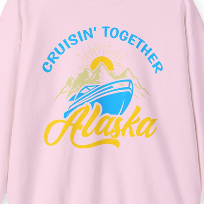 Alaska Cruise Adventure Mountains Sunrise Retro Shirt for Travelers — Sweatshirt Sweatshirt – Light Pink – Alaska Cruise Shirts Close Up
