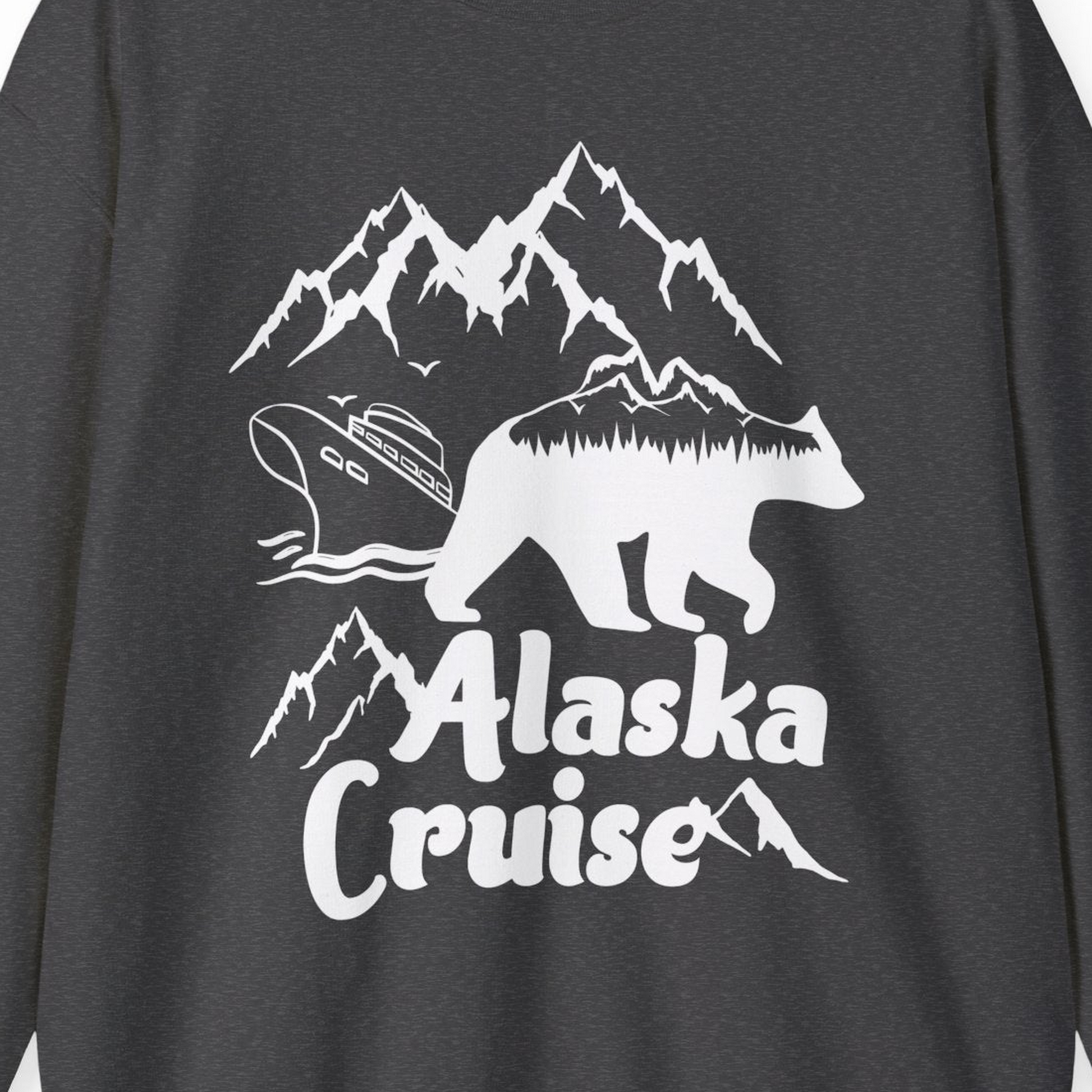 Alaska Cruise Shirt Sweatshirt – Dark Heather – Alaska Cruise Shirts Close Up