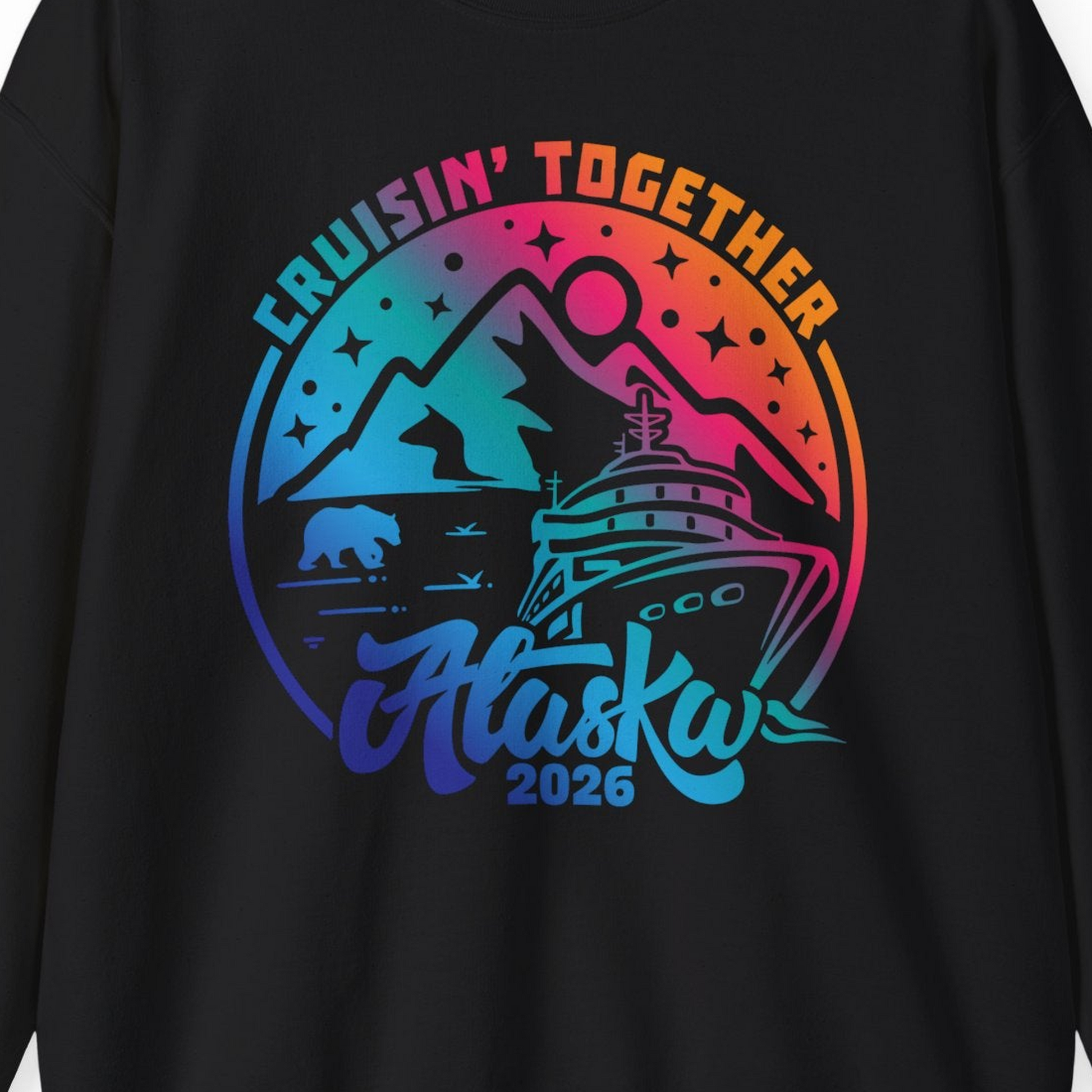 Alaska Cruise Adventure Mountains Wildlife Retro Family Group Shirt 2026 — Sweatshirt Sweatshirt – Black – Alaska Cruise Shirts Close Up