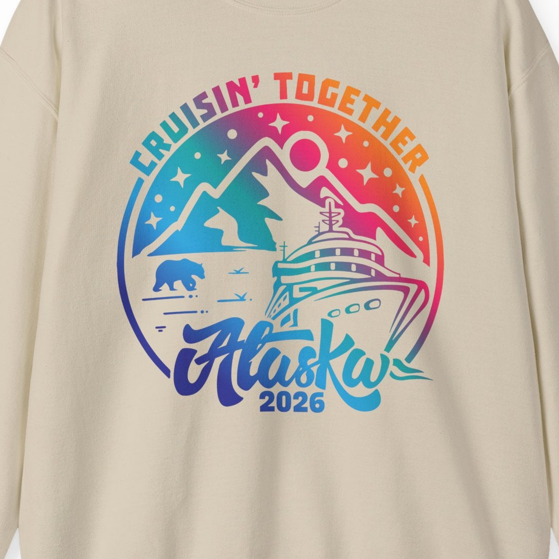 Alaska Cruise Adventure Mountains Wildlife Retro Family Group Shirt 2026 — Sweatshirt Sweatshirt – Sand – Alaska Cruise Shirts Close Up