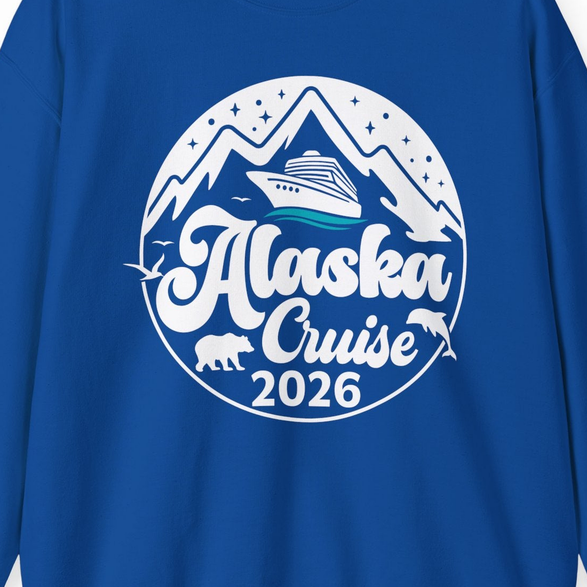 Alaska Cruise 2026 Shirt Sweatshirt – Royal – Alaska Cruise Shirts Close Up