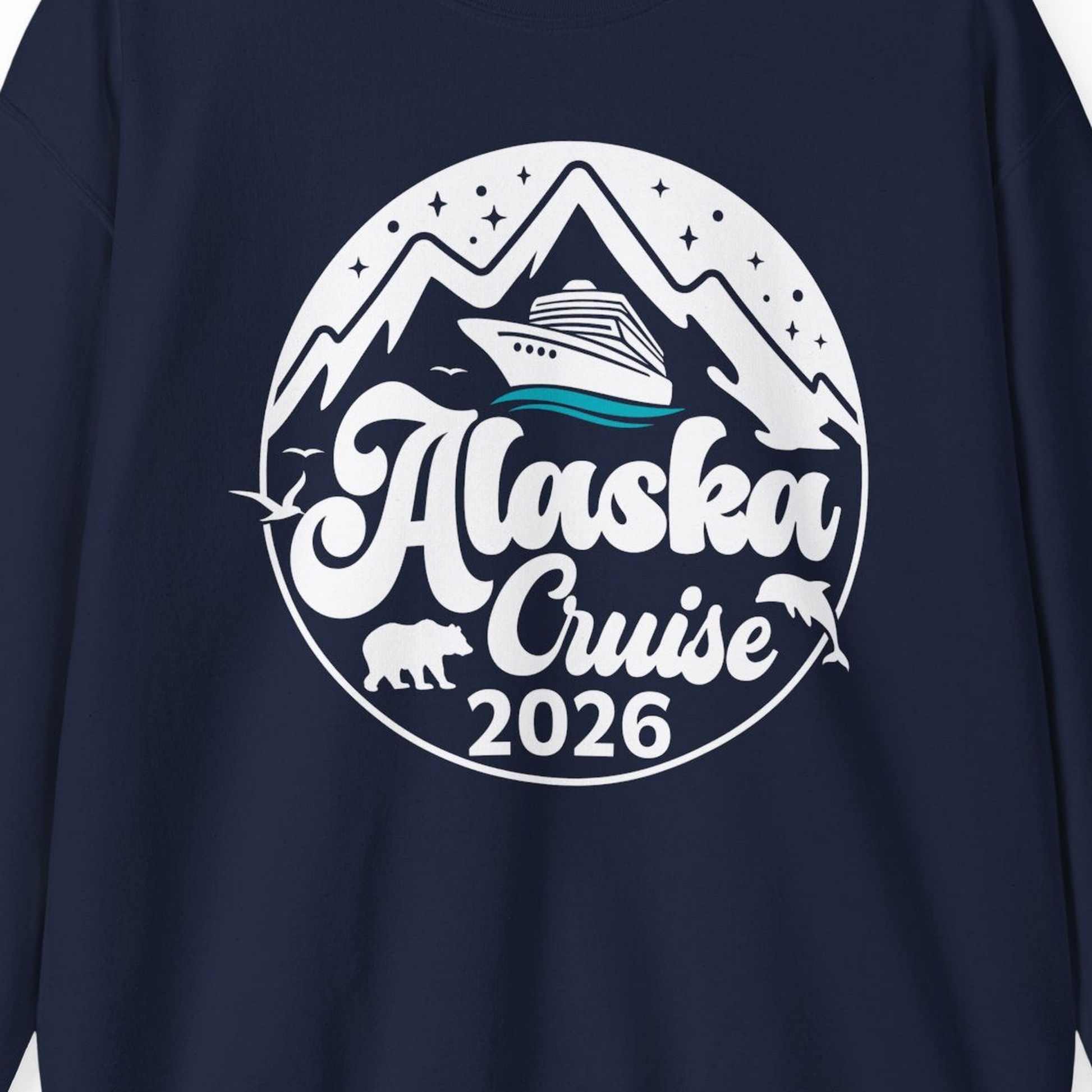 Alaska Cruise 2026 Shirt Sweatshirt – Navy – Alaska Cruise Shirts Close Up