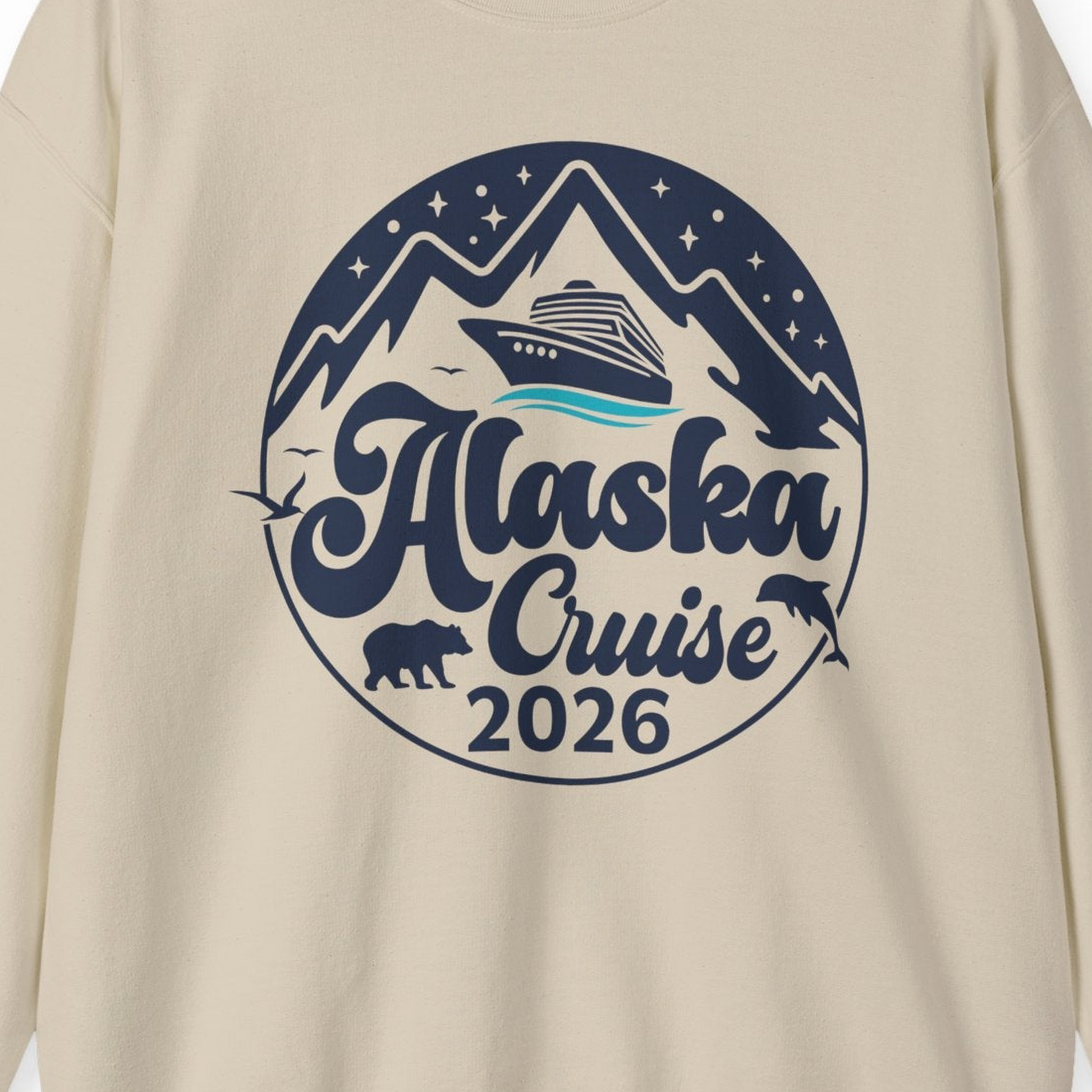 Alaska Cruise 2026 Shirt Sweatshirt – Sand – Alaska Cruise Shirts Close Up