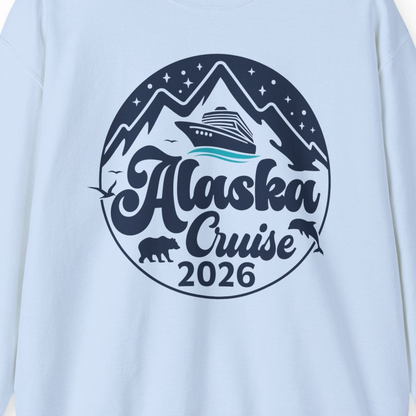 Alaska Cruise 2026 Shirt Sweatshirt – Light Blue – Alaska Cruise Shirts Close Up