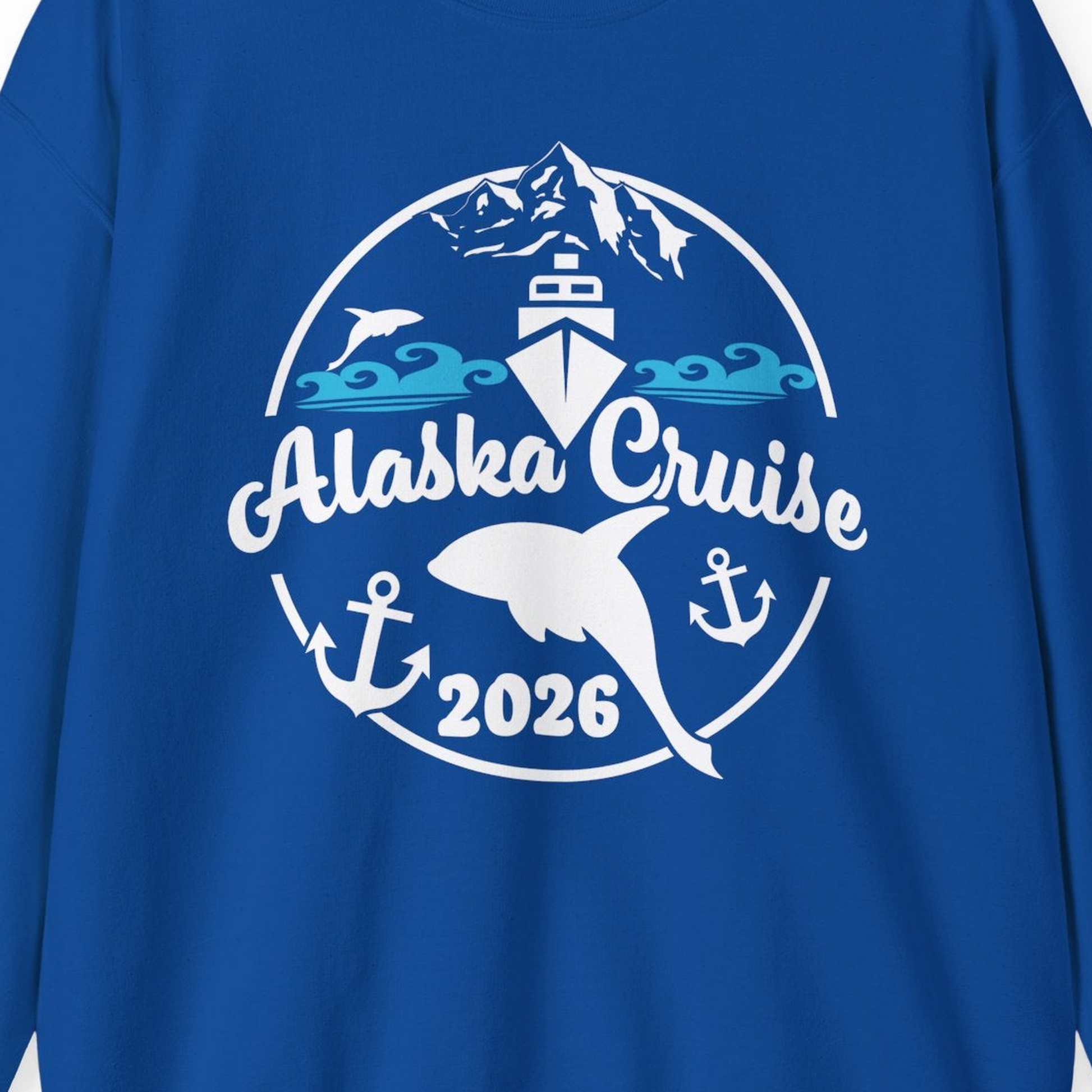 Alaska Cruise 2026 Shirt Sweatshirt – Royal – Alaska Cruise Shirts Close Up