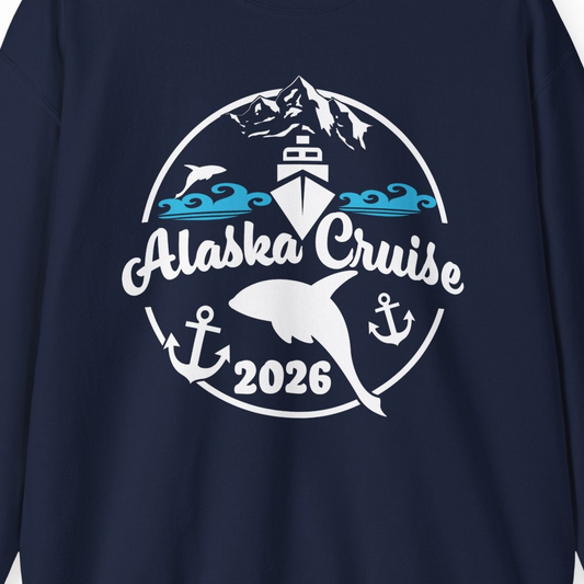 Alaska Cruise 2026 Shirt Sweatshirt – Navy – Alaska Cruise Shirts Close Up