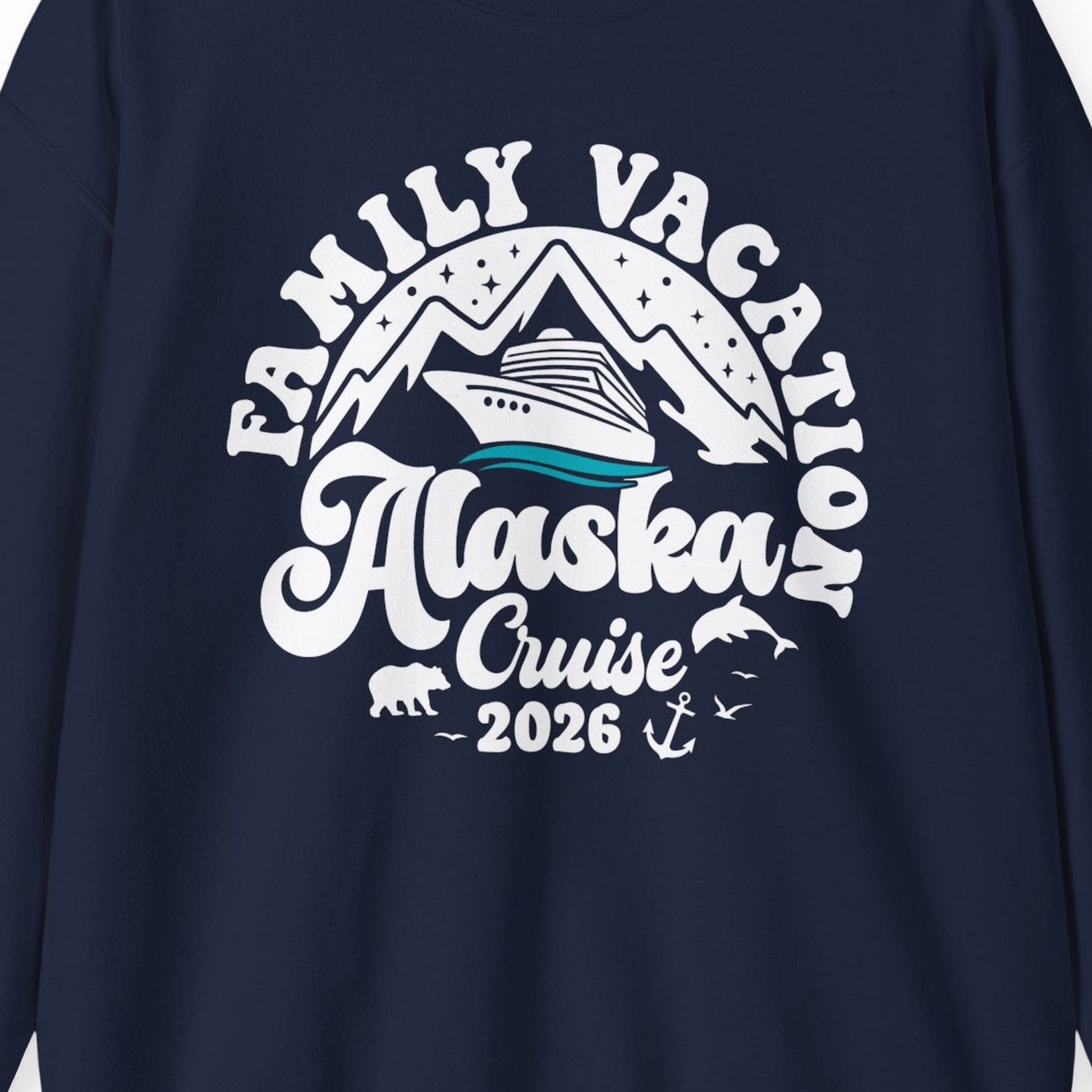 Alaska Family Cruise Shirt Sweatshirt – Navy – Alaska Cruise Shirts Close Up