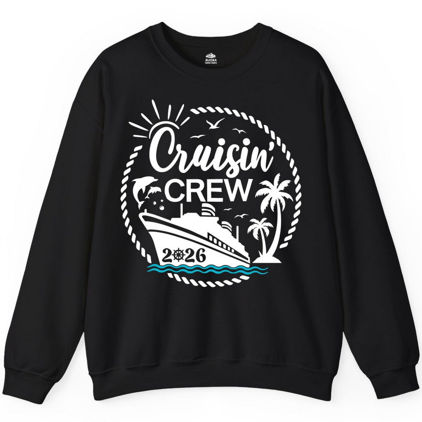 Cruisin Crew Shirt Tropical Family Group Cruise 2026 Caribbean Islands — Sweatshirt Sweatshirt – Black – Alaska Cruise Shirts Close Up