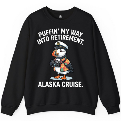 Puffin Cartoon Retirement Alaska Cruise Shirt Sweatshirt – Black – Alaska Cruise Shirts Close Up