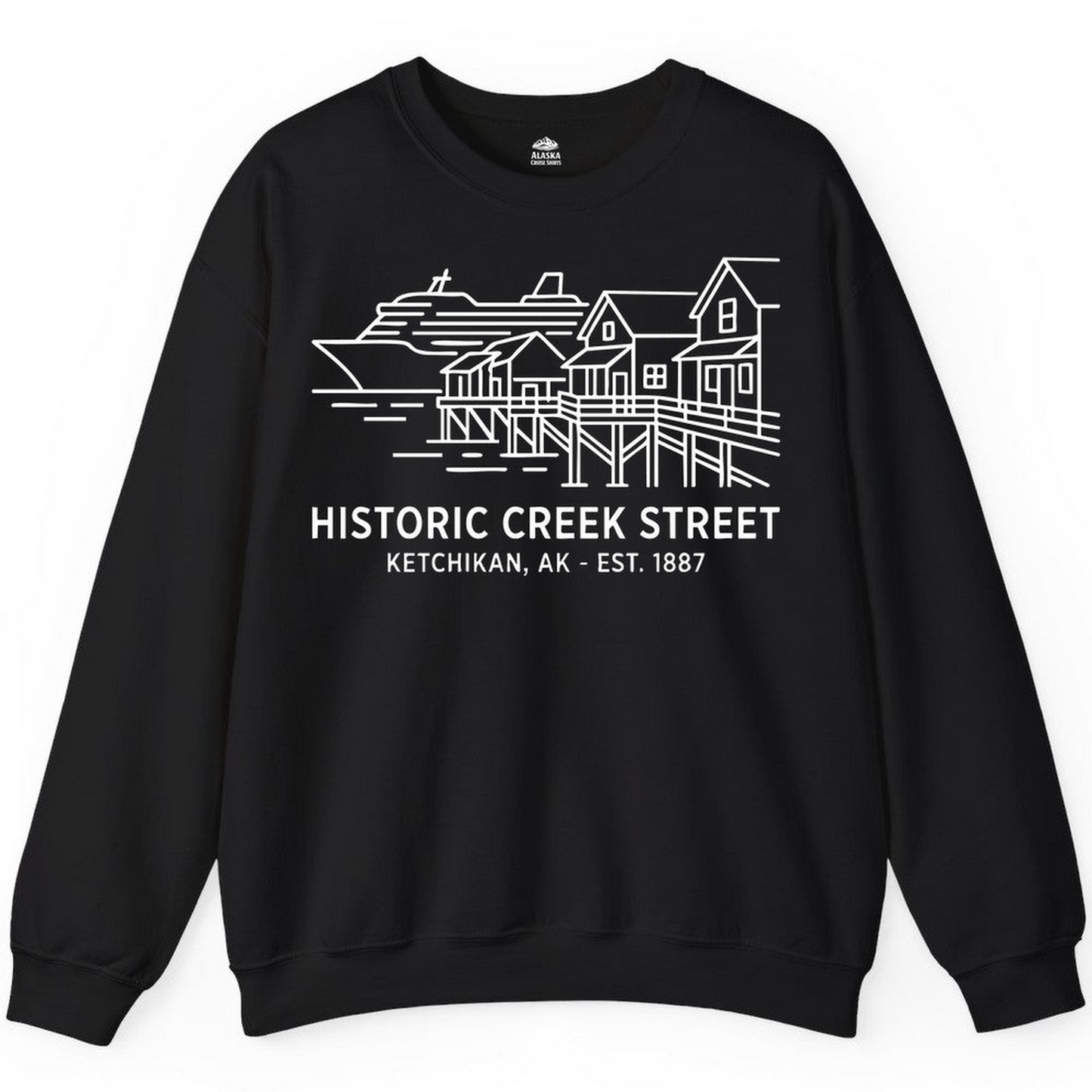 Ketchikan Creek Street Alaska Waterfront and Cruise Ship Shirt — Sweatshirt Sweatshirt – Black – Alaska Cruise Shirts Close Up