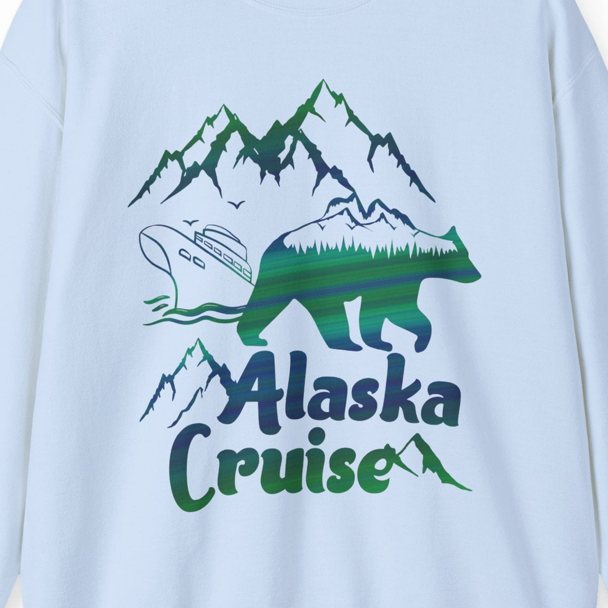 Alaska Cruise Bear Mountains Silhouette Shirt Sweatshirt – Light Blue – Alaska Cruise Shirts Close Up