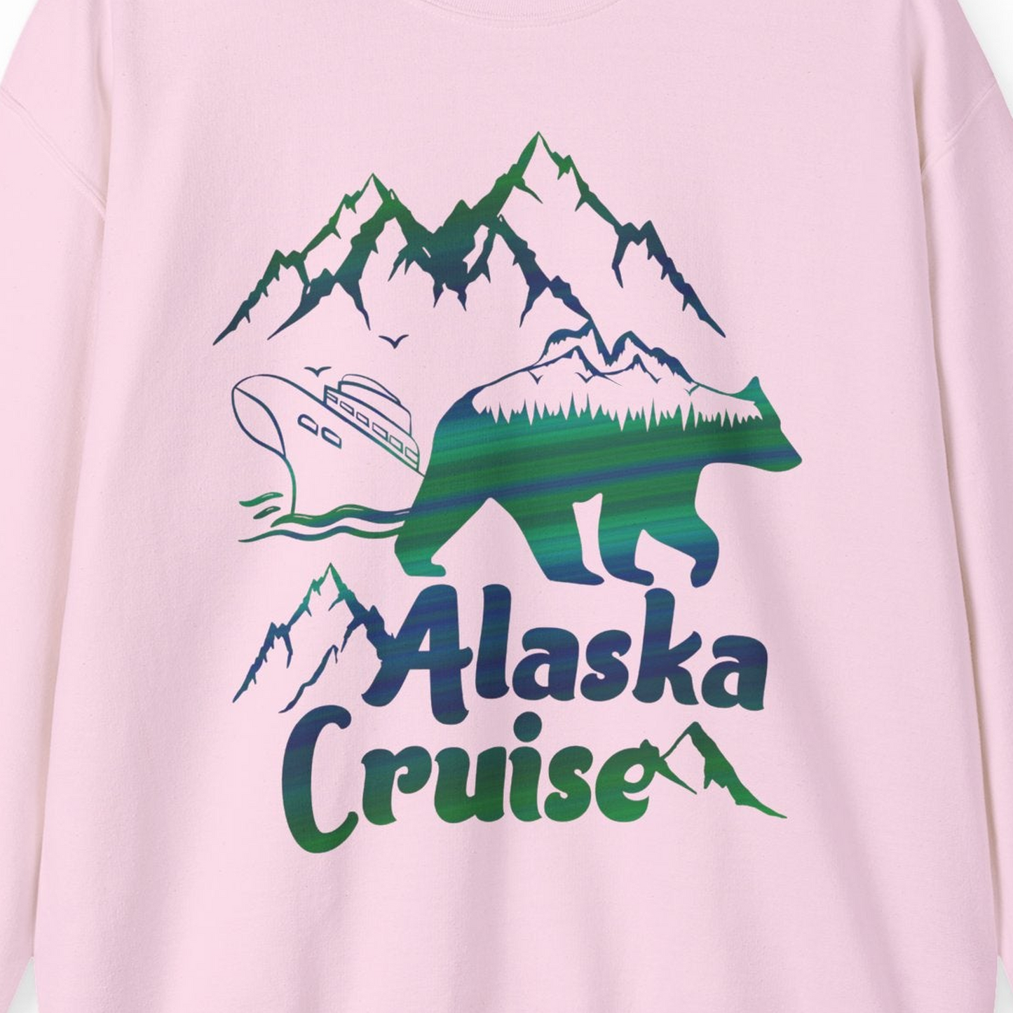 Alaska Cruise Bear Mountains Silhouette Shirt Sweatshirt – Light Pink – Alaska Cruise Shirts Close Up