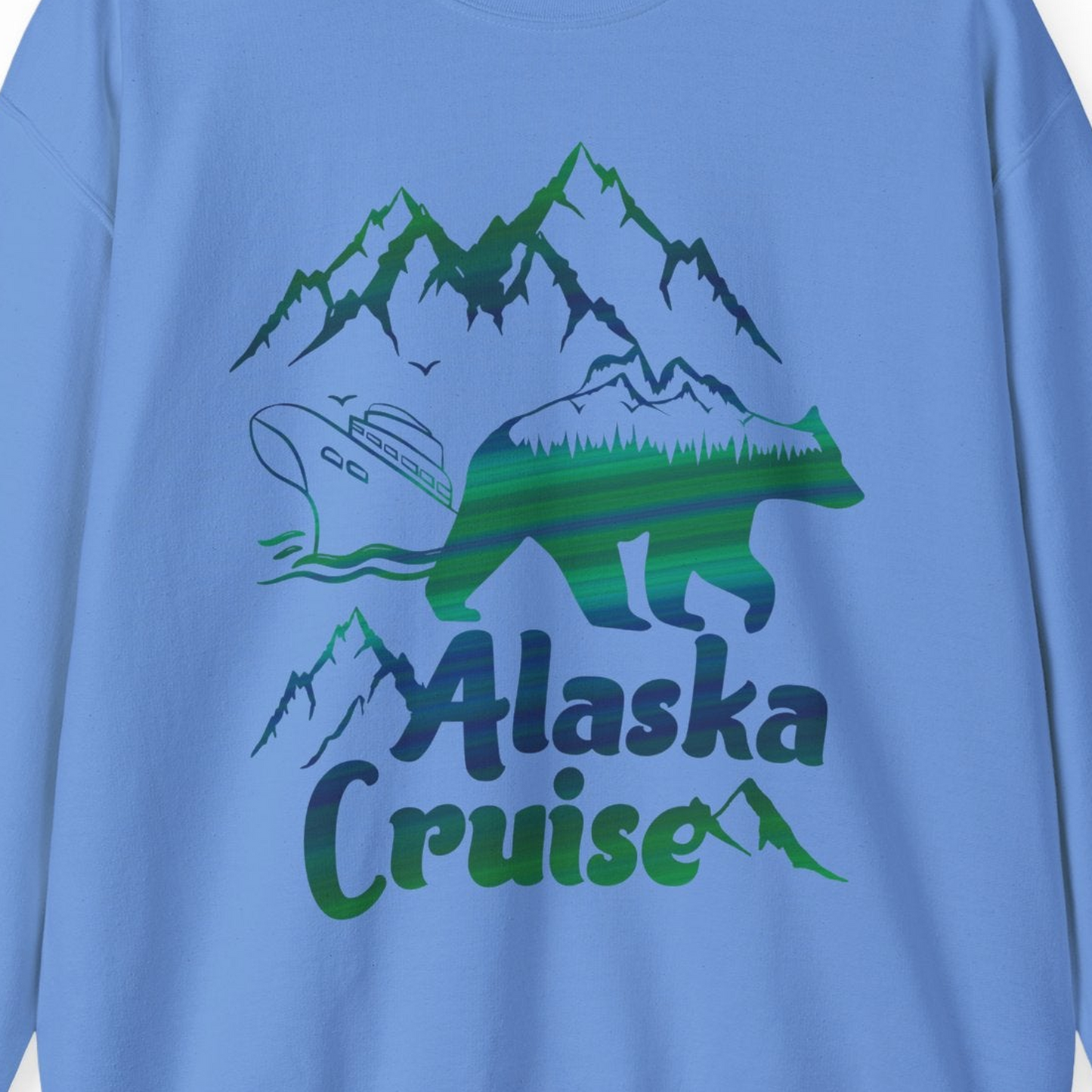 Alaska Cruise Bear Mountains Silhouette Shirt Sweatshirt – Carolina Blue – Alaska Cruise Shirts Close Up
