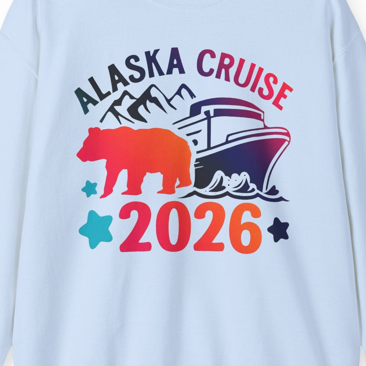 Alaska Cruise 2026 Shirt Sweatshirt – Light Blue – Alaska Cruise Shirts Close Up