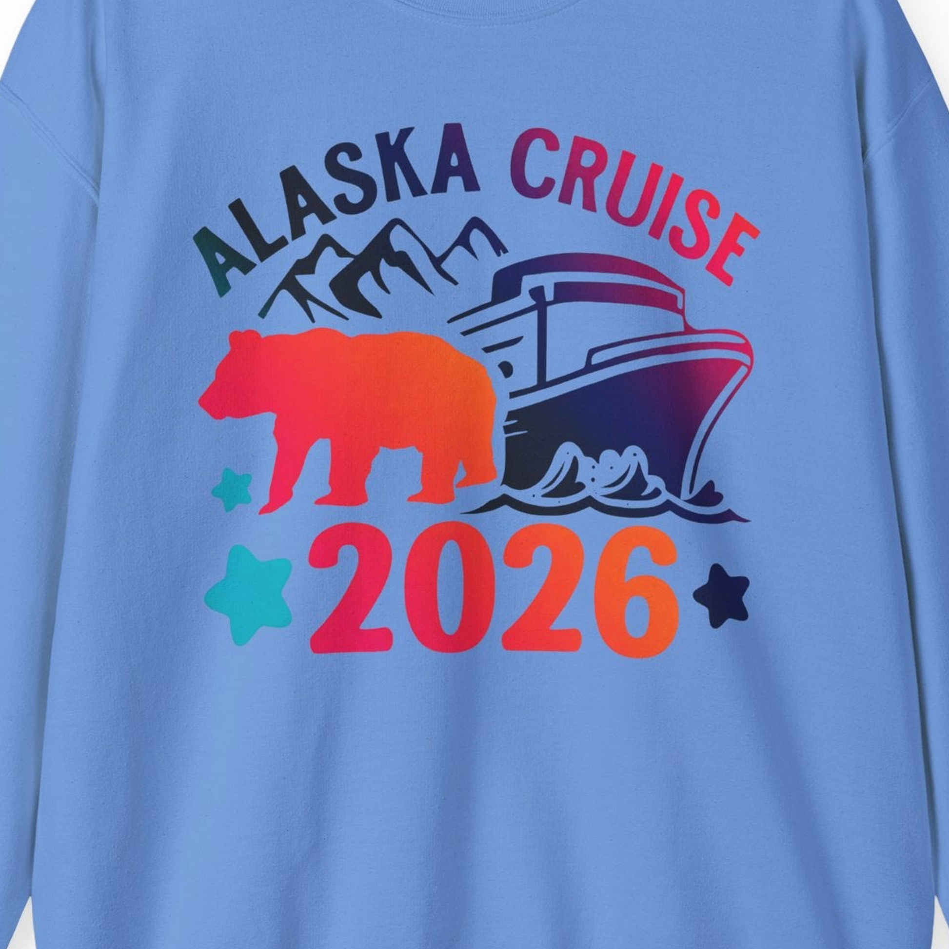 Alaska Cruise 2026 Shirt Sweatshirt – Carolina Blue – Alaska Cruise Shirts Close Up