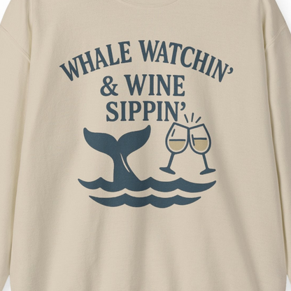 Whale Watching and Wine Sippin Shirt Sweatshirt – Sand – Alaska Cruise Shirts Close Up