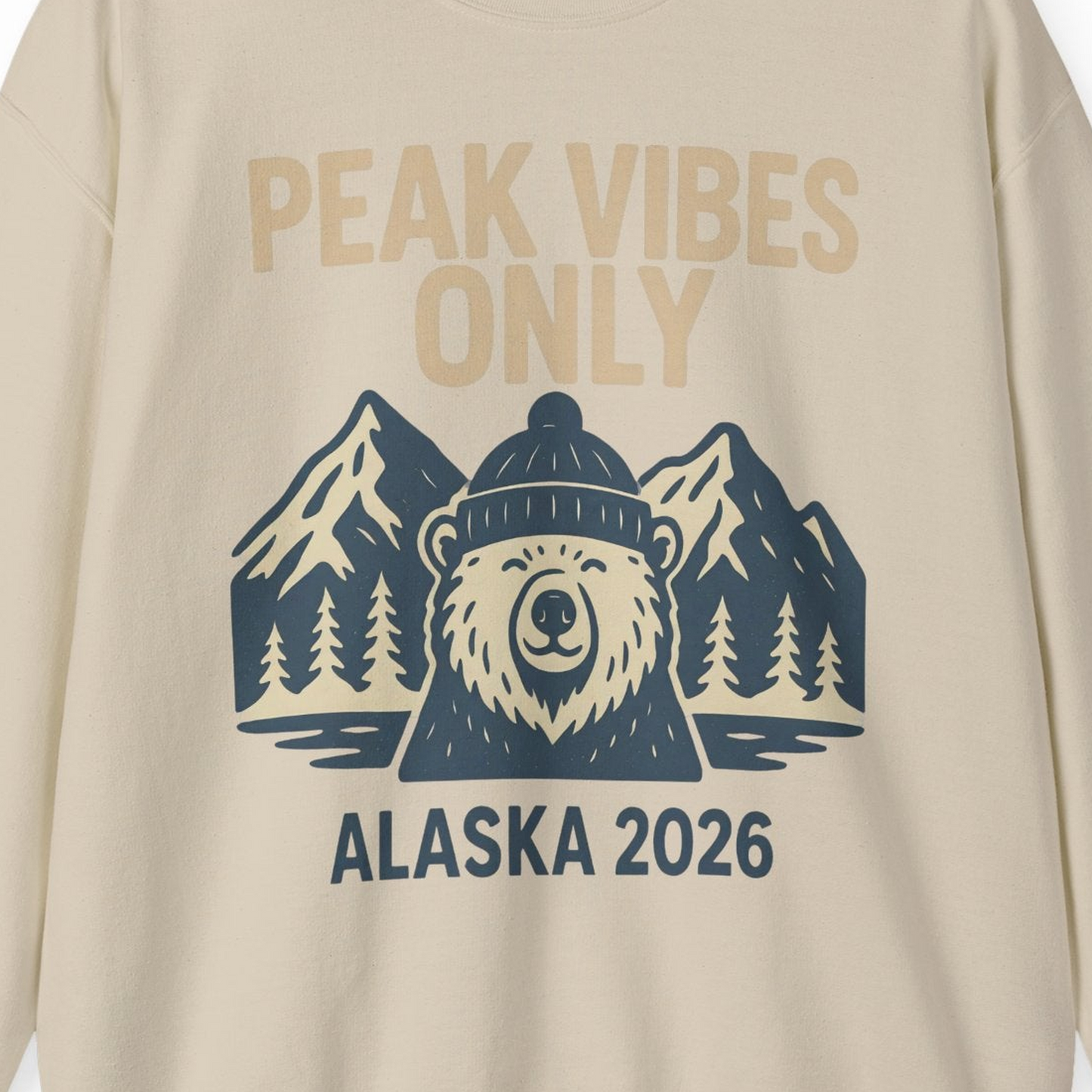 Alaska 2026 Mountain Adventure Bear Sweatshirt – Sand – Alaska Cruise Shirts Close Up