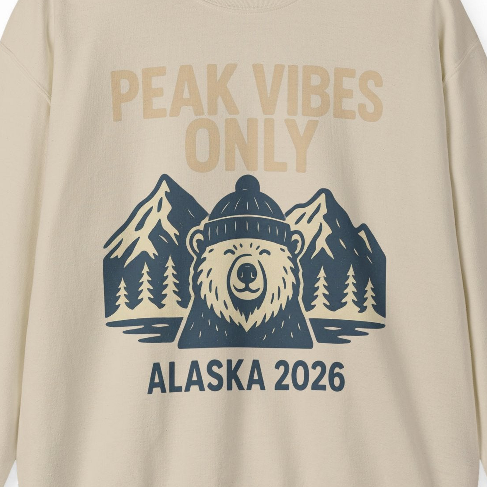 Alaska 2026 Mountain Adventure Bear Sweatshirt – Sand – Alaska Cruise Shirts Close Up