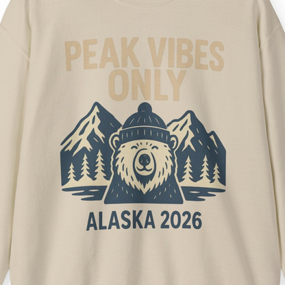Alaska 2026 Mountain Adventure Bear Sweatshirt – Sand – Alaska Cruise Shirts Close Up