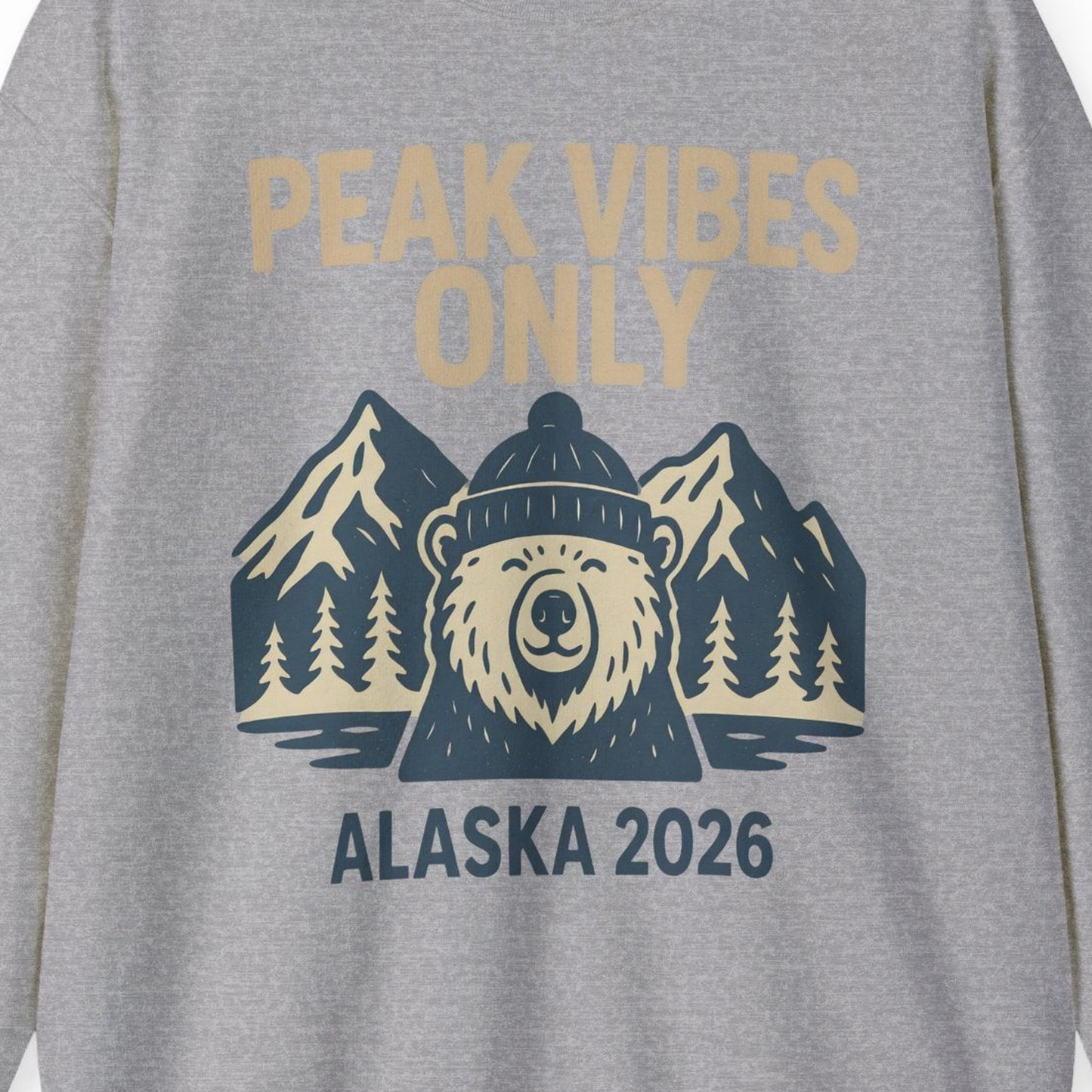 Alaska 2026 Mountain Adventure Bear Sweatshirt – Sport Grey – Alaska Cruise Shirts Close Up