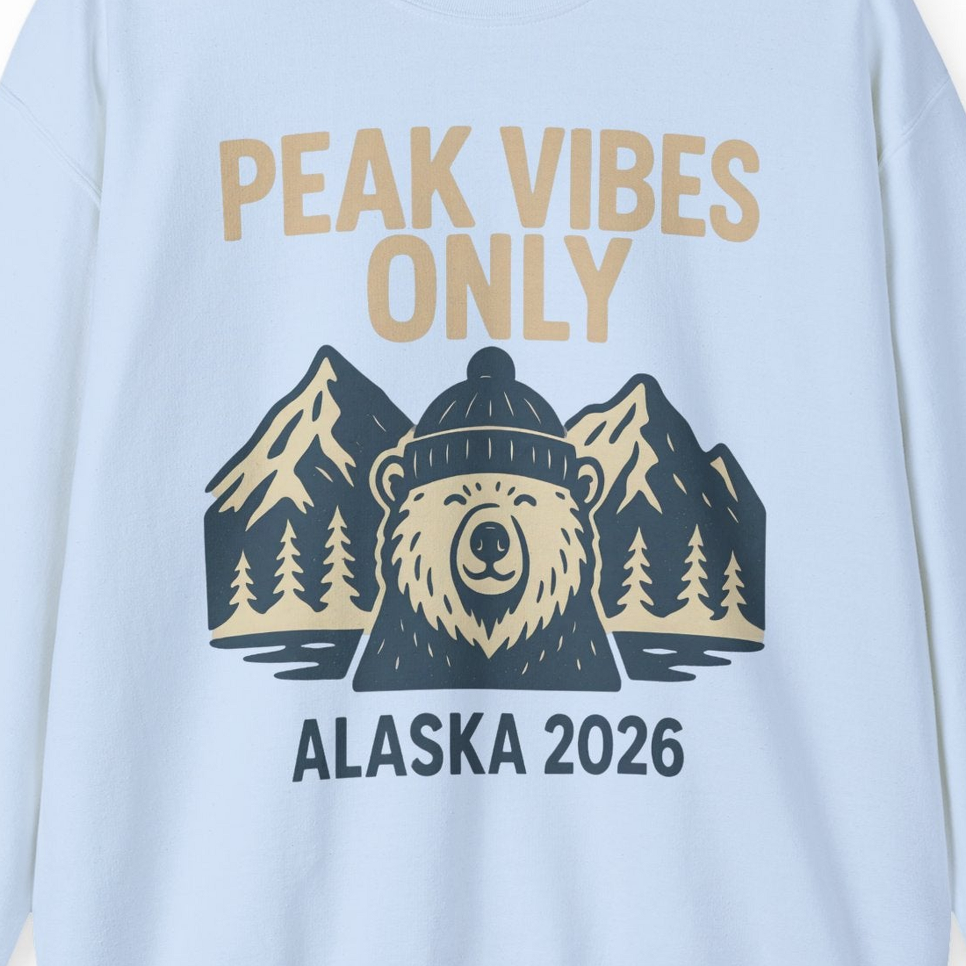 Alaska 2026 Mountain Adventure Bear Sweatshirt – Light Blue – Alaska Cruise Shirts Close Up