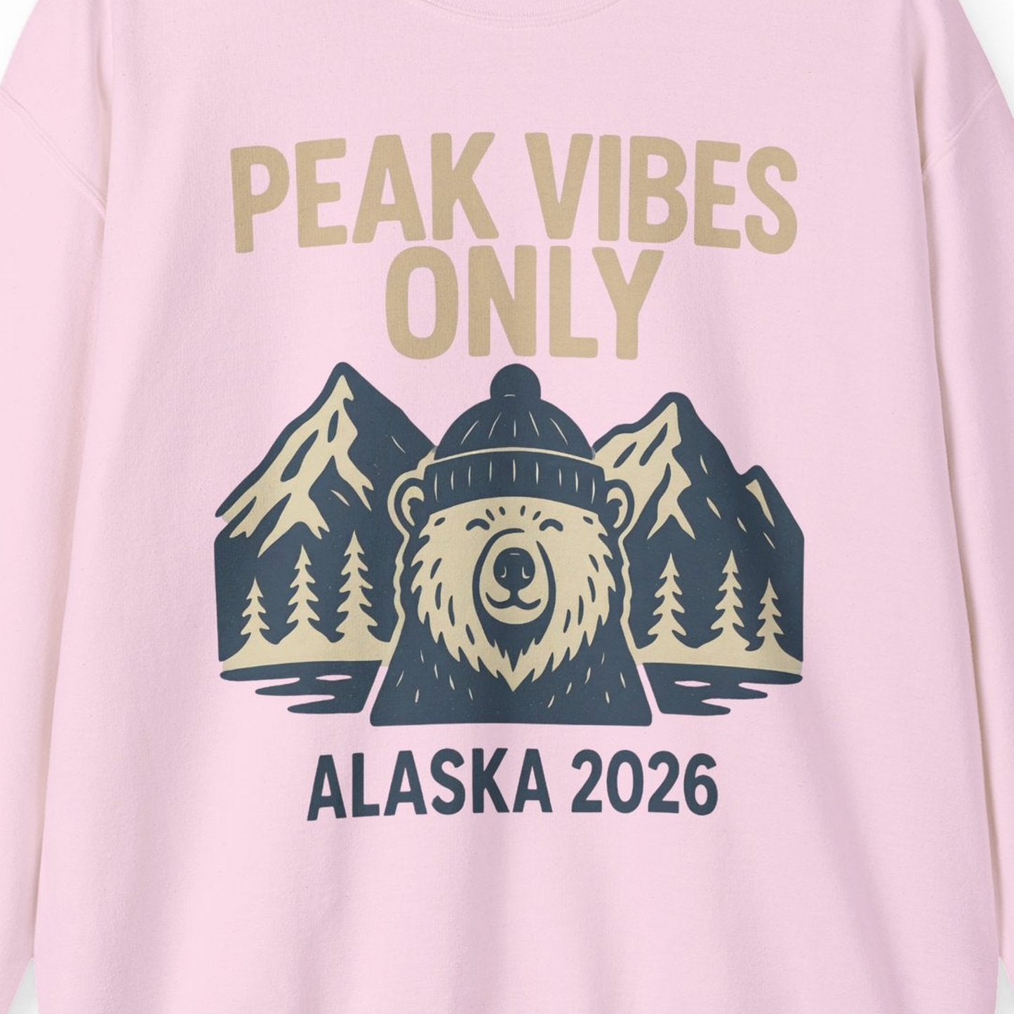 Alaska 2026 Mountain Adventure Bear Sweatshirt – Light Pink – Alaska Cruise Shirts Close Up