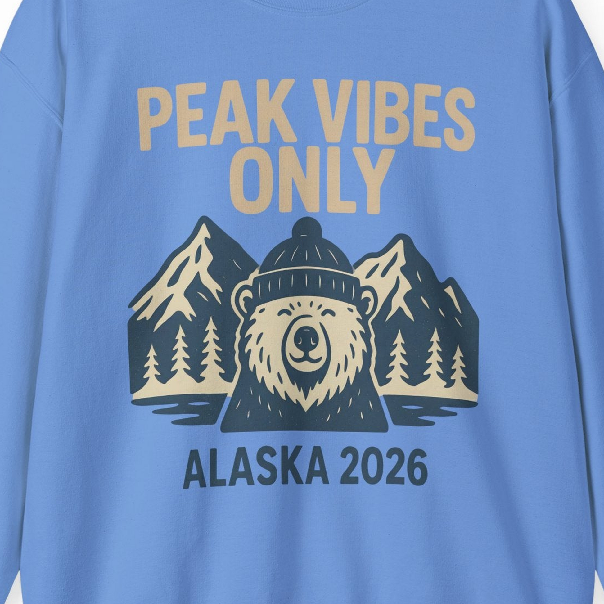 Alaska 2026 Mountain Adventure Bear Sweatshirt – Carolina Blue – Alaska Cruise Shirts Close Up