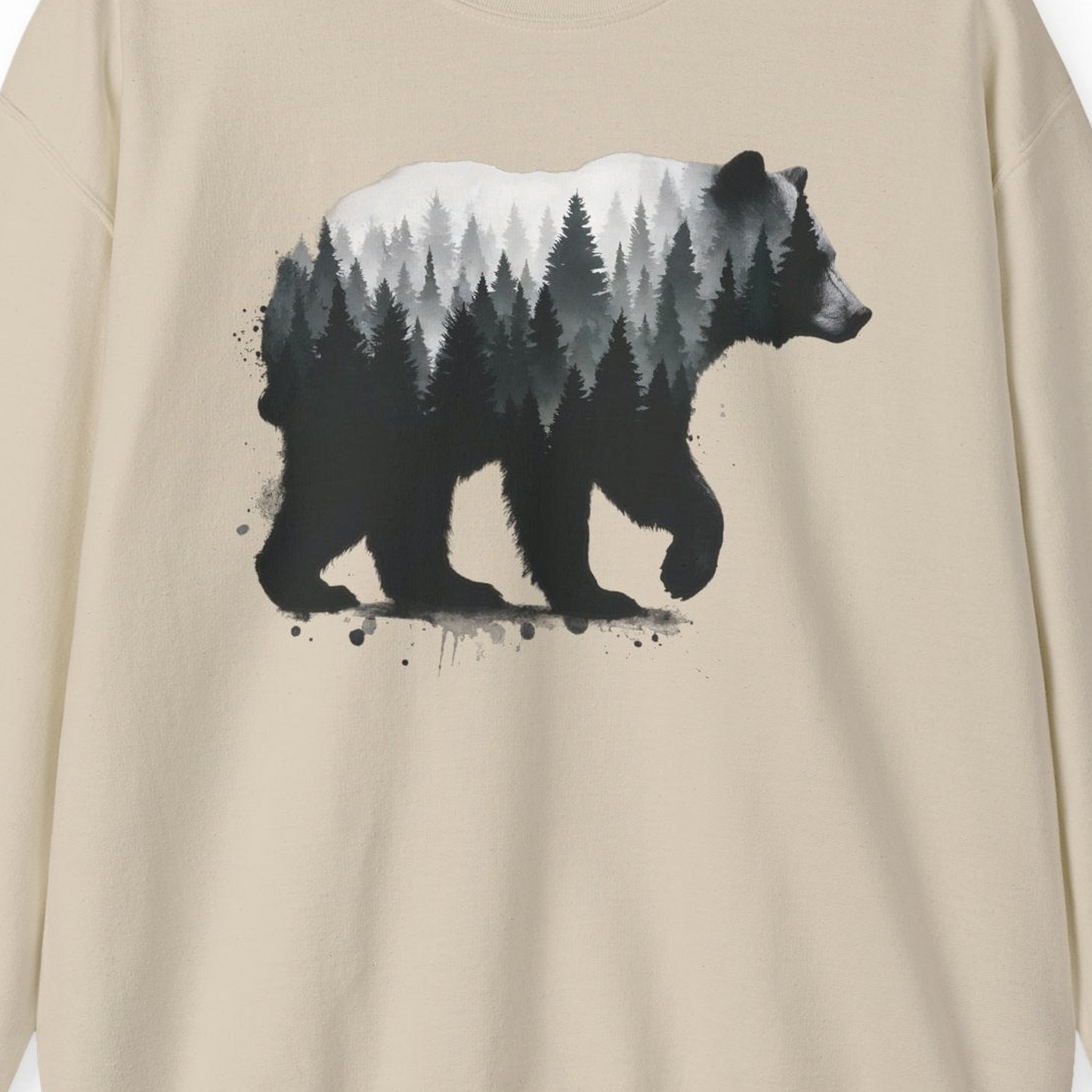 Bear Silhouette Forest Double Exposure Shirt Sweatshirt – Sand – Alaska Cruise Shirts Close Up