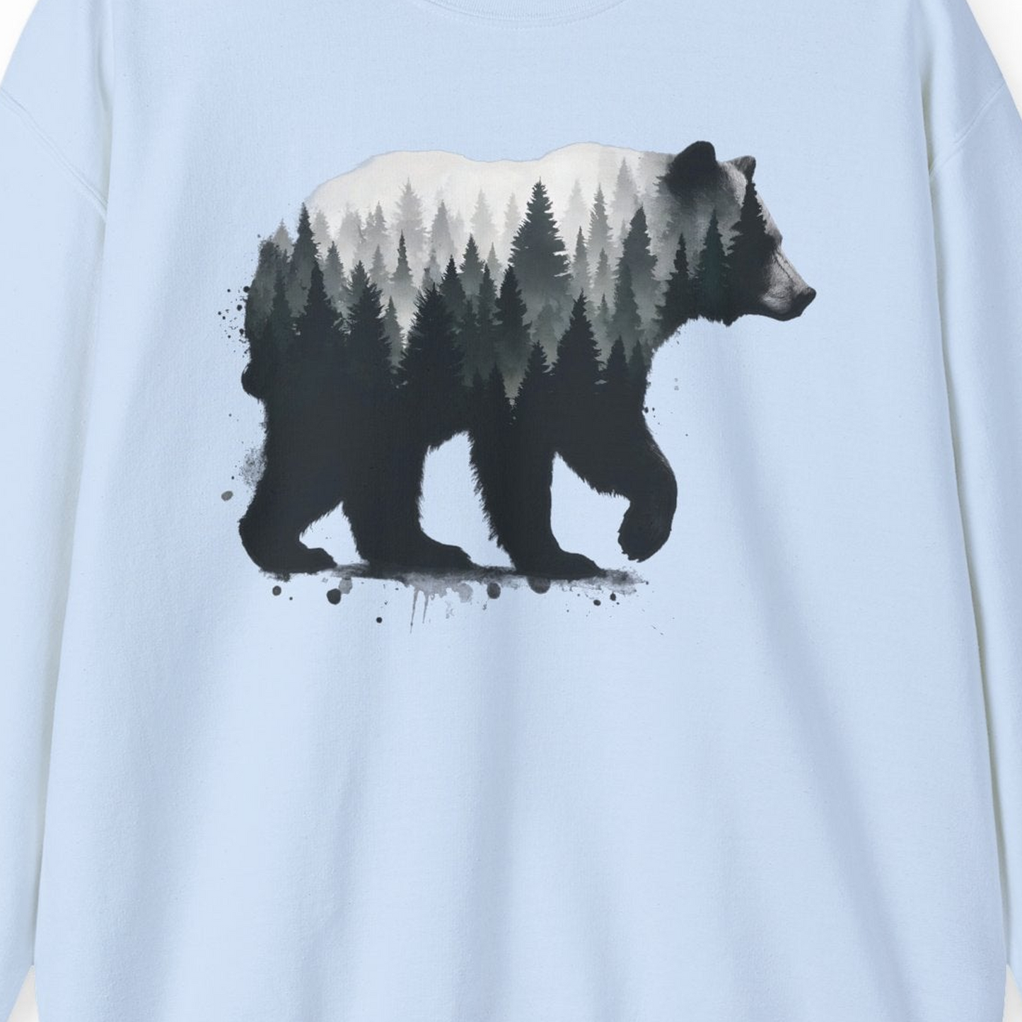 Bear Silhouette Forest Double Exposure Shirt Sweatshirt – Light Blue – Alaska Cruise Shirts Close Up