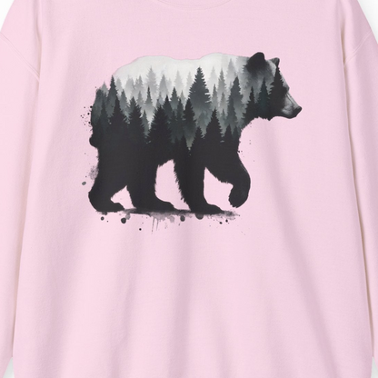 Bear Silhouette Forest Double Exposure Shirt Sweatshirt – Light Pink – Alaska Cruise Shirts Close Up