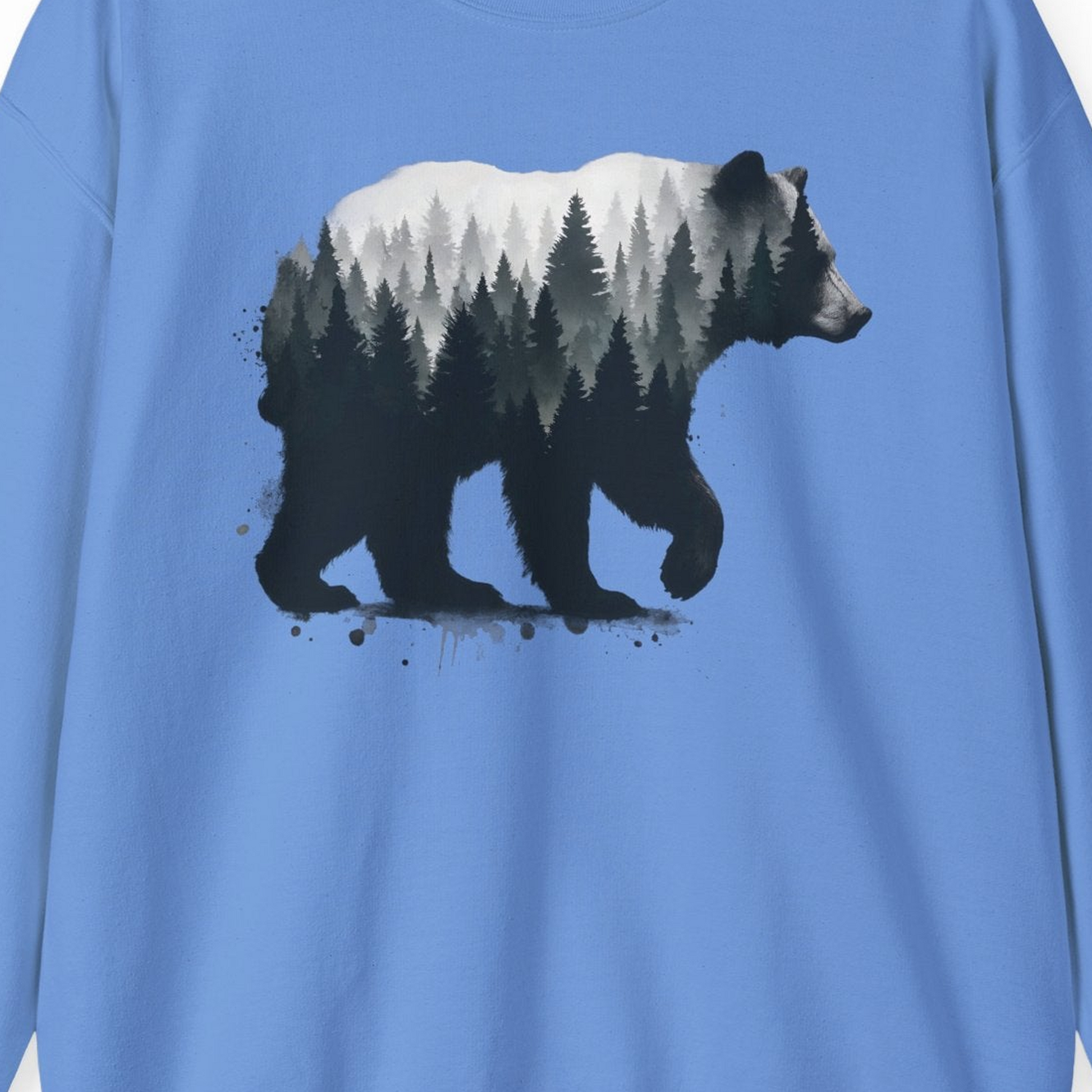 Bear Silhouette Forest Double Exposure Shirt Sweatshirt – Carolina Blue – Alaska Cruise Shirts Close Up