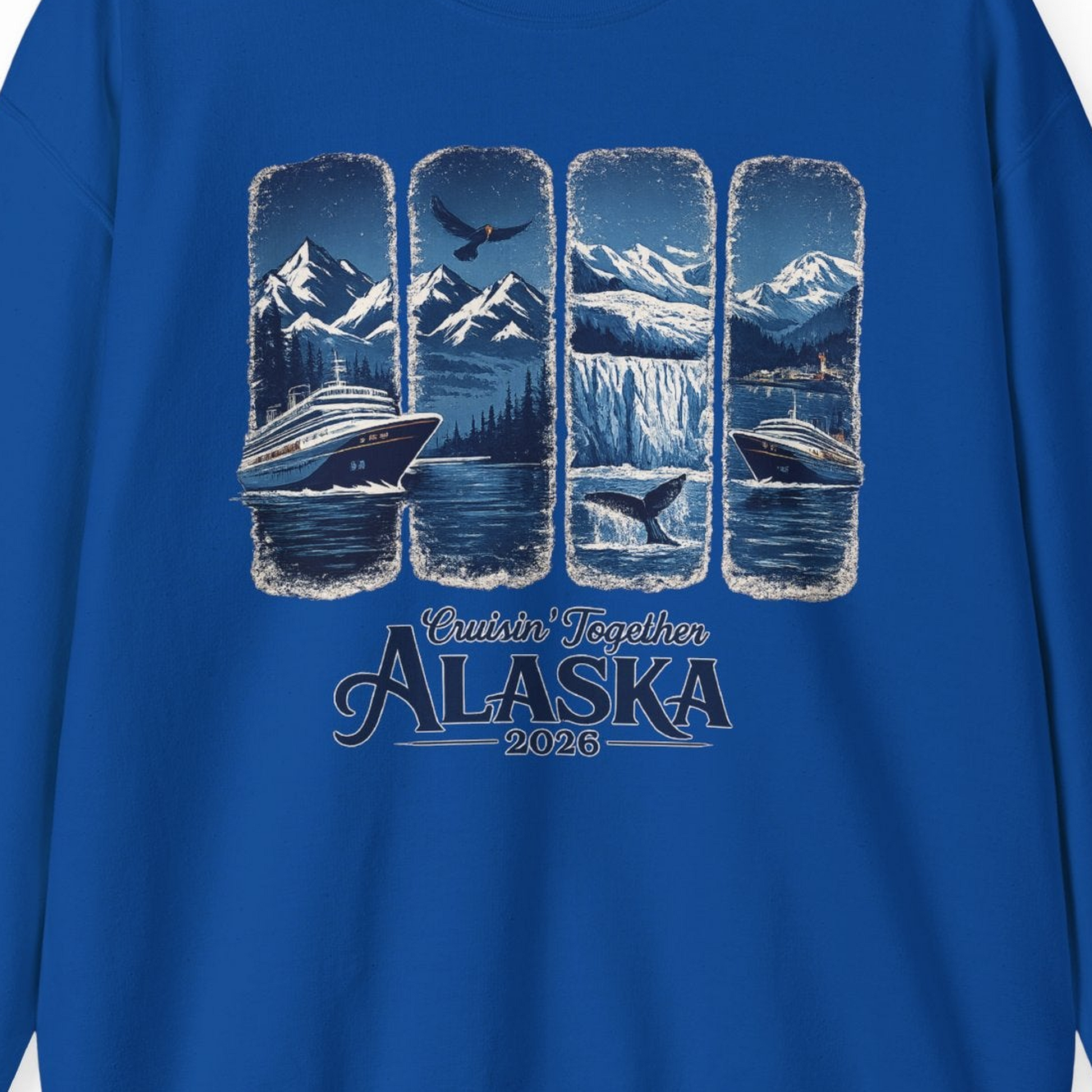 Alaska Cruise Adventure Shirt Sweatshirt – Royal – Alaska Cruise Shirts Close Up