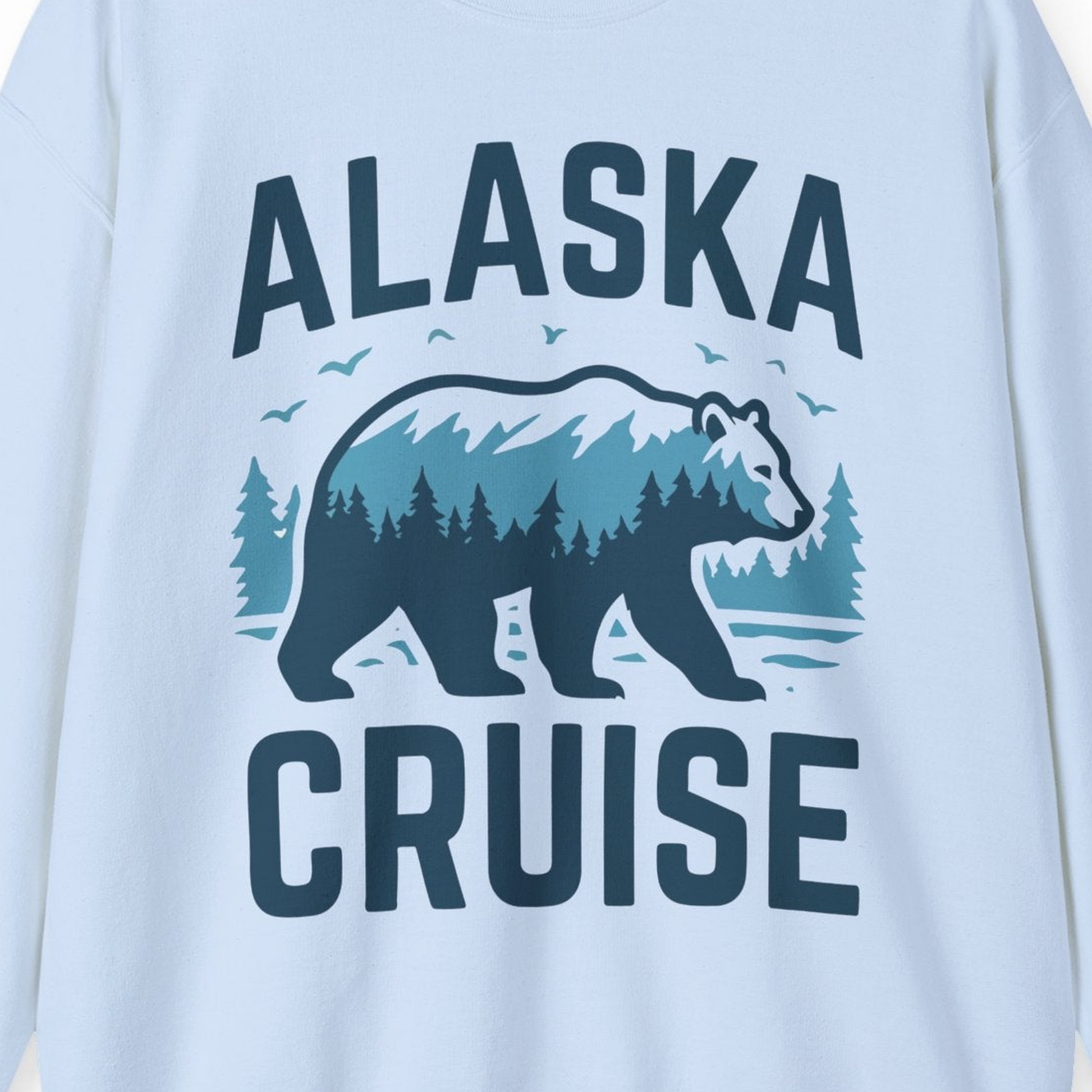 Alaska Cruise Shirt Bear Silhouette Forest Wildlife Nature Tee — Sweatshirt Sweatshirt – Light Blue – Alaska Cruise Shirts Close Up