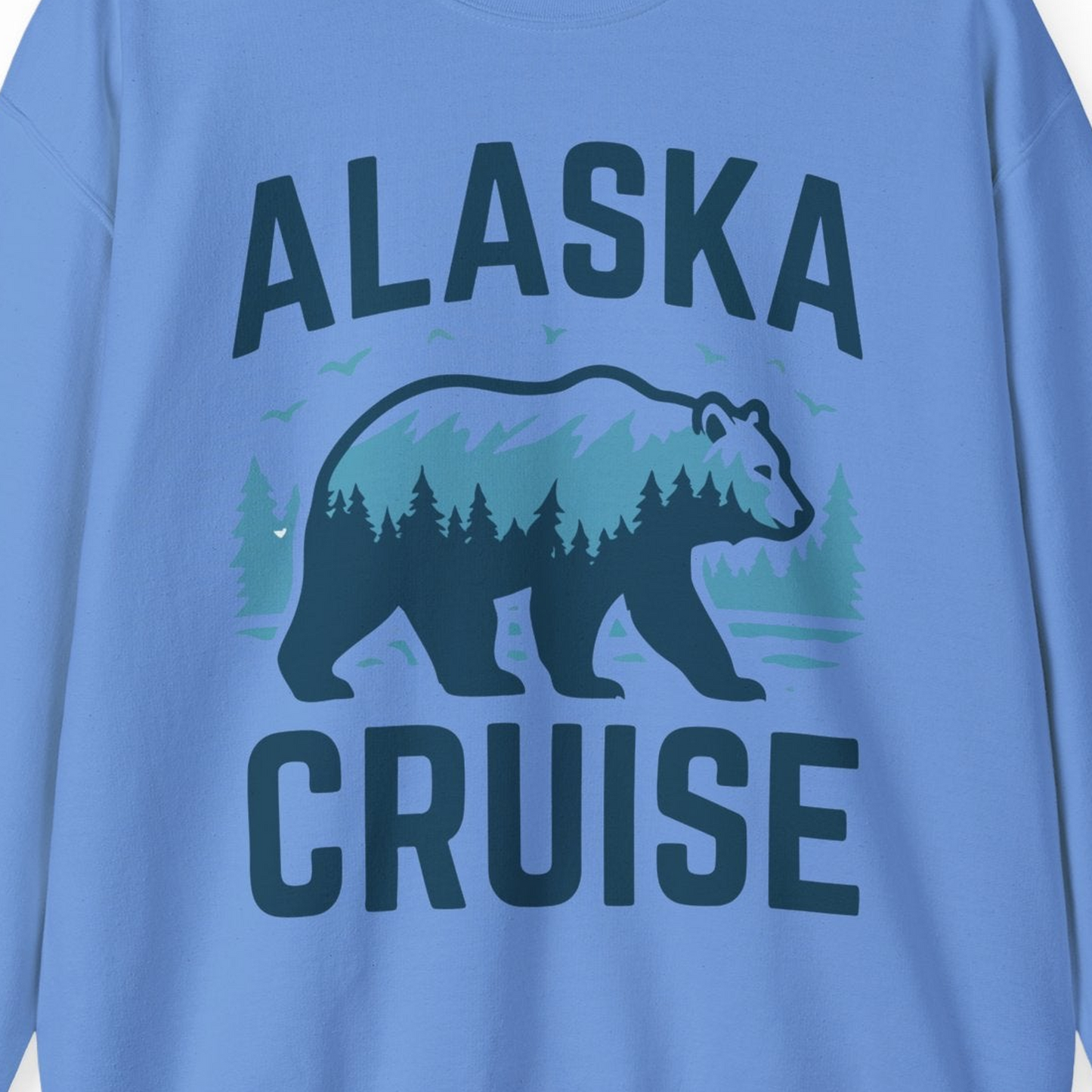 Alaska Cruise Shirt Bear Silhouette Forest Wildlife Nature Tee — Sweatshirt Sweatshirt – Carolina Blue – Alaska Cruise Shirts Close Up