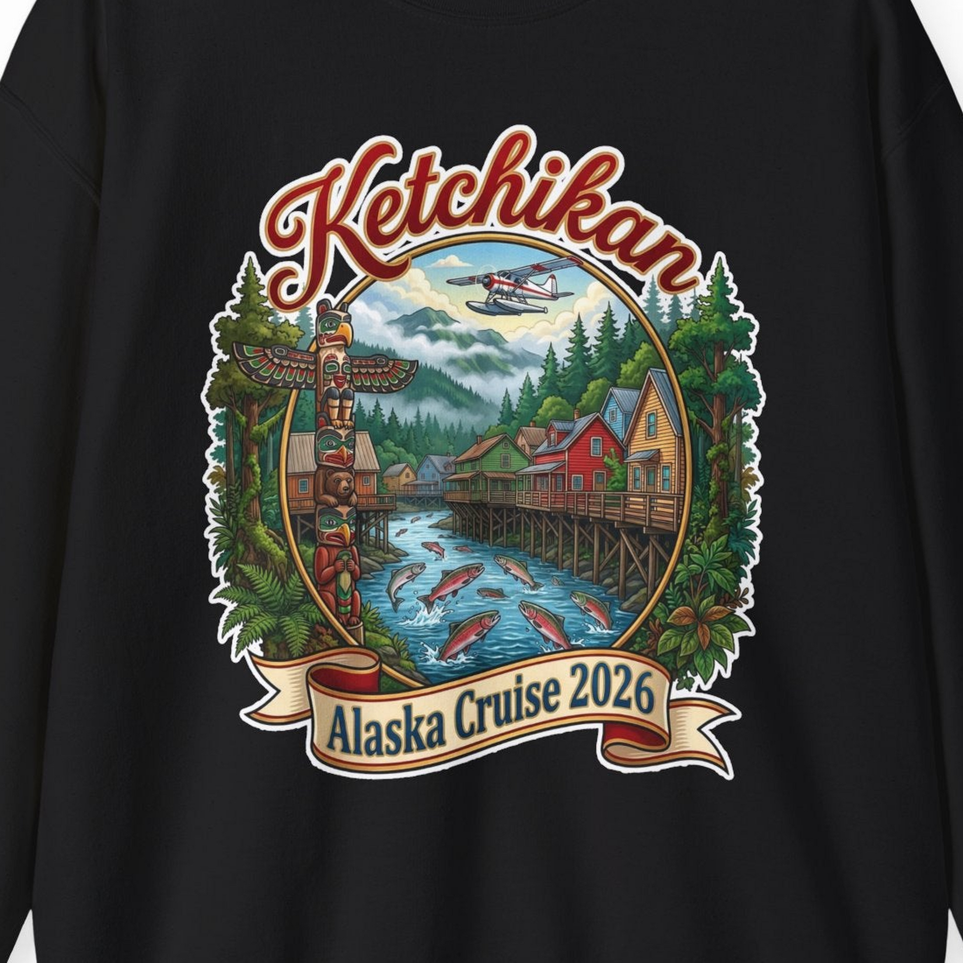 Ketchikan Alaska Cruise 2026 Vintage Souvenir Vacation Shirt — Sweatshirt Sweatshirt – Black – Alaska Cruise Shirts Close Up