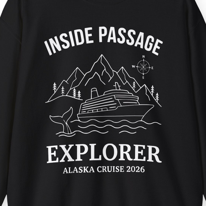 Inside Passage Explorer Alaska Cruise Adventure 2026 Shirt — Sweatshirt Sweatshirt – Black – Alaska Cruise Shirts Close Up