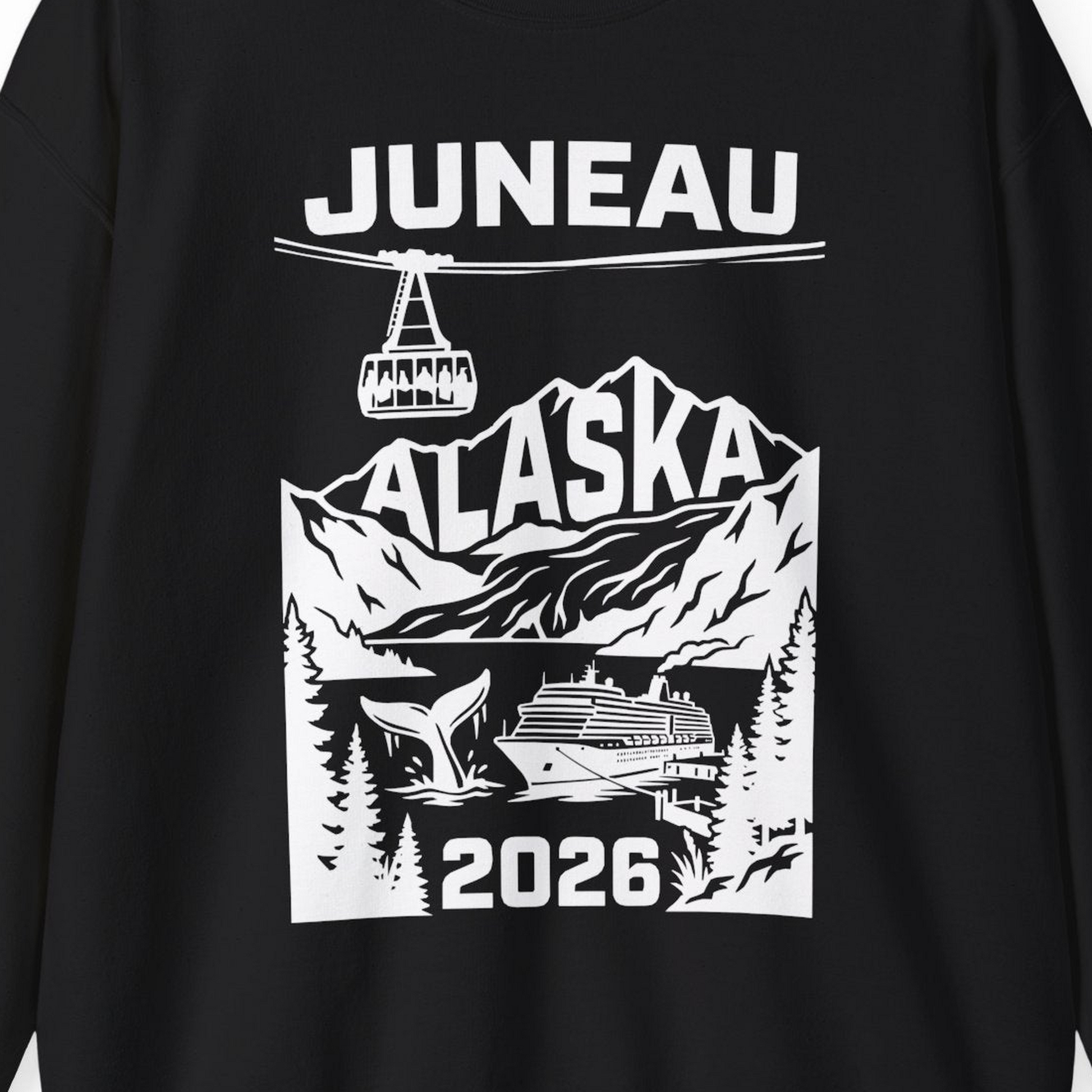 Juneau Alaska Cruise 2026 Scenic Whale and Cable Car Shirt — Sweatshirt Sweatshirt – Black – Alaska Cruise Shirts Close Up