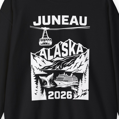Juneau Alaska Cruise 2026 Scenic Whale and Cable Car Shirt — Sweatshirt Sweatshirt – Black – Alaska Cruise Shirts Close Up