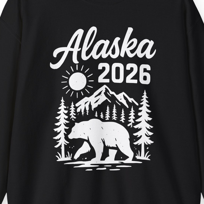Alaska 2026 Bear and Mountains Nature Adventure Shirt — Sweatshirt Sweatshirt – Black – Alaska Cruise Shirts Close Up