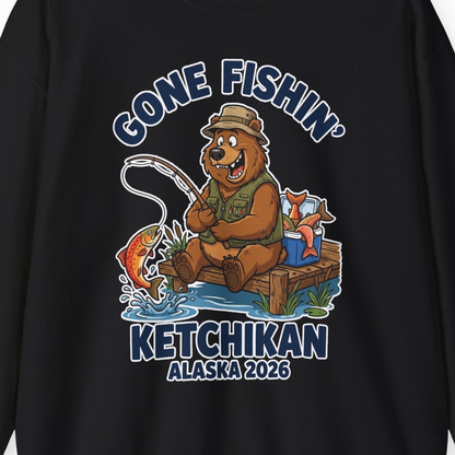 Gone Fishin Ketchikan Alaska 2026 Cartoon Bear Souvenir Shirt — Sweatshirt Sweatshirt – Black – Alaska Cruise Shirts Close Up