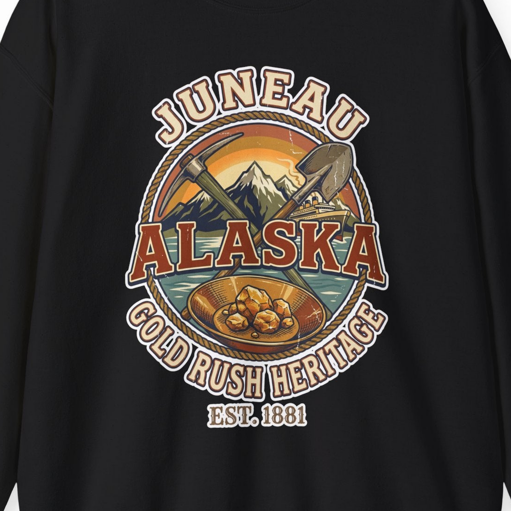 Juneau Alaska Gold Rush Heritage Vintage Travel T-Shirt — Sweatshirt Sweatshirt – Black – Alaska Cruise Shirts Close Up