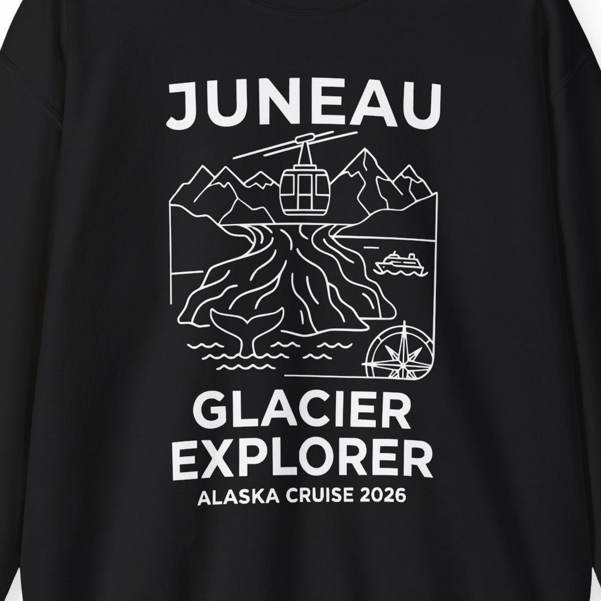 Juneau Glacier Explorer Alaska Cruise 2026 Adventure Shirt — Sweatshirt Sweatshirt – Black – Alaska Cruise Shirts Close Up