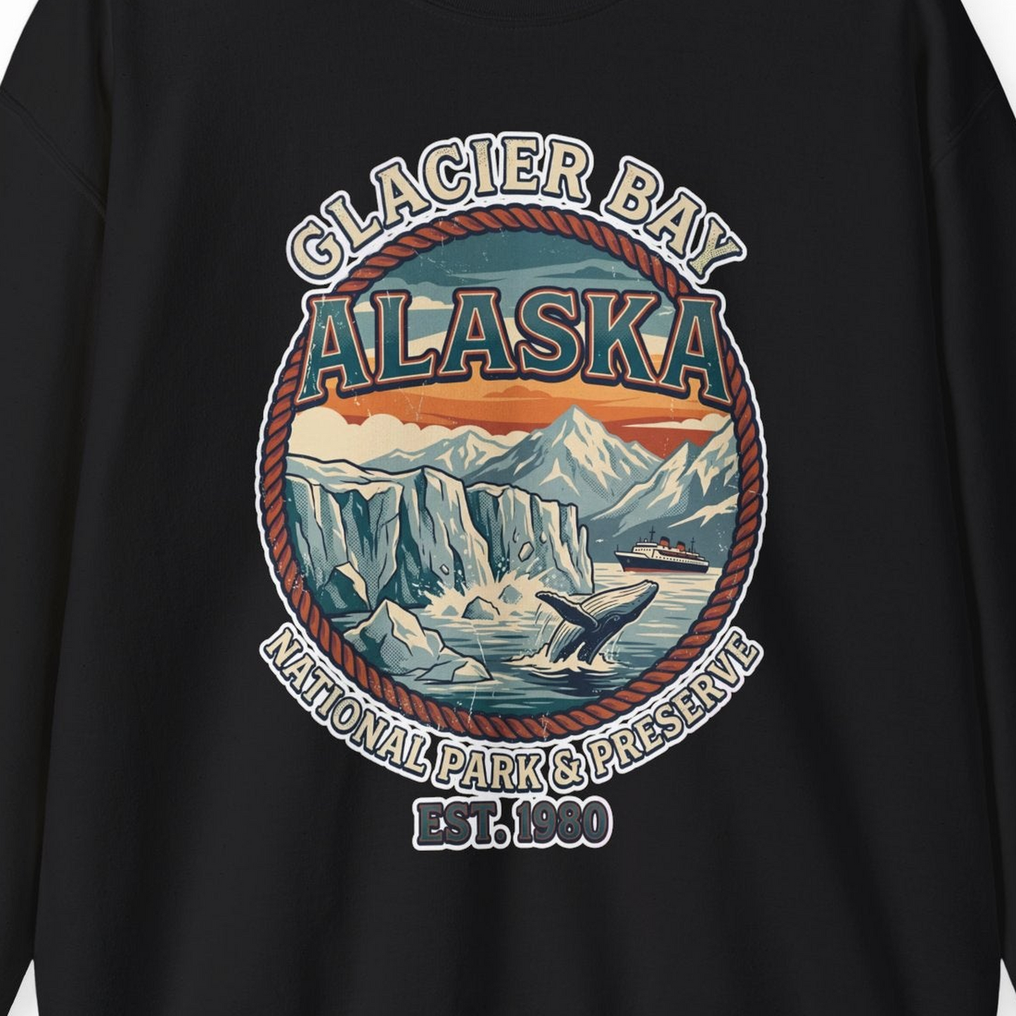 Glacier Bay Alaska National Park Vintage Nature Scene Shirt — Sweatshirt Sweatshirt – Black – Alaska Cruise Shirts Close Up
