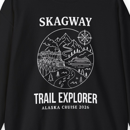 Skagway Trail Explorer Alaska Cruise Scenic Adventure Shirt — Sweatshirt Sweatshirt – Black – Alaska Cruise Shirts Close Up