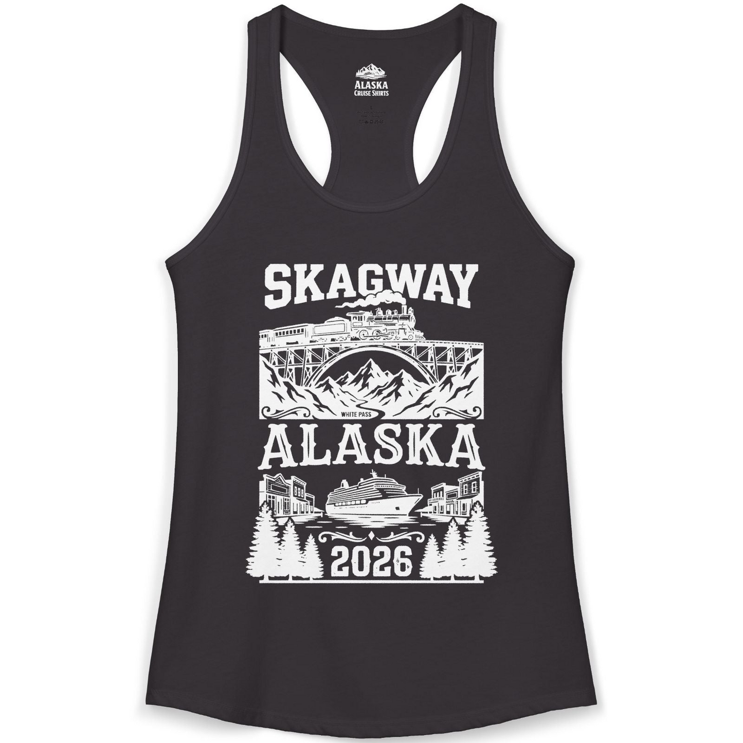 Skagway Alaska Cruise 2026 Shirt with Train and Mountains — Ladies Tank Tank Top – Alaska Cruise Shirts