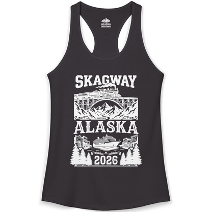 Skagway Alaska Cruise 2026 Shirt with Train and Mountains — Ladies Tank Tank Top – Alaska Cruise Shirts