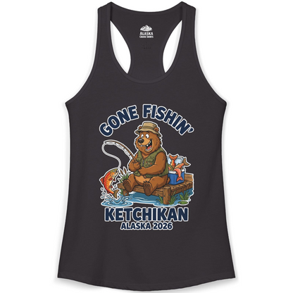 Gone Fishin Ketchikan Alaska 2026 Cartoon Bear Souvenir Shirt — Ladies Tank Tank Top – Alaska Cruise Shirts