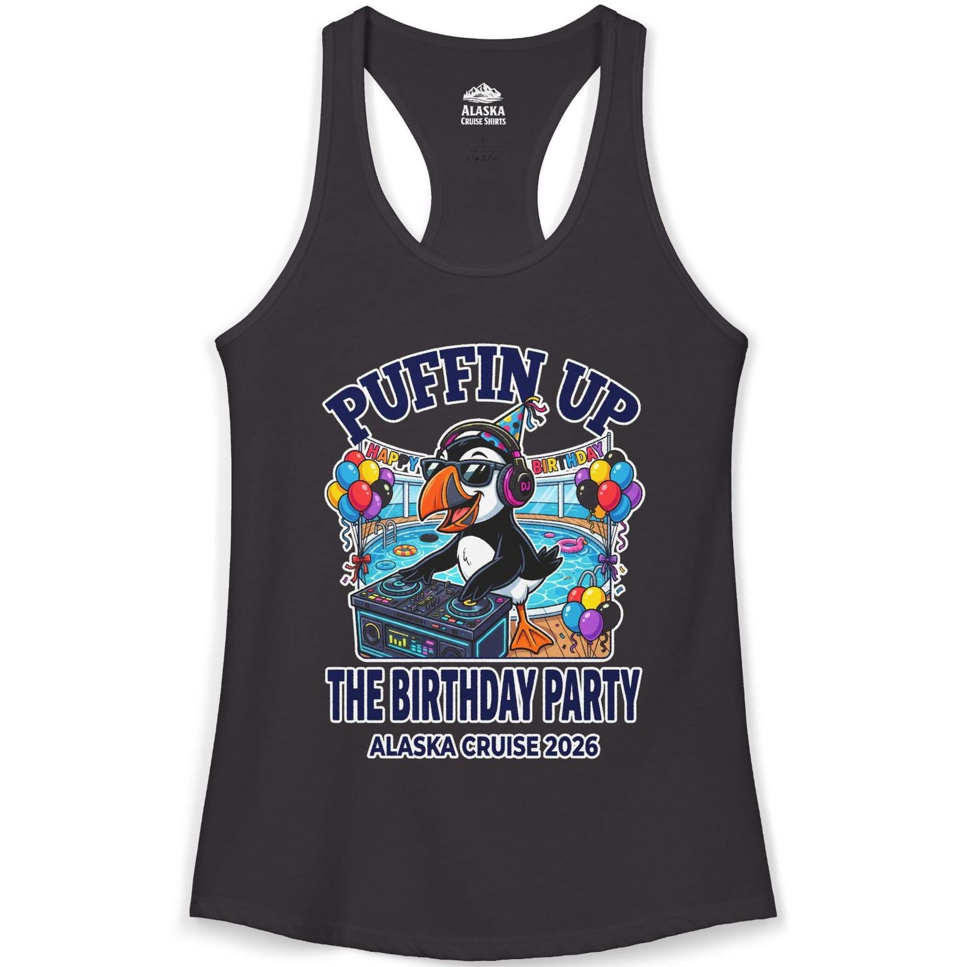 Funny Puffin DJ Birthday Party Alaska Cruise 2026 Shirt — Ladies Tank Tank Top – Alaska Cruise Shirts